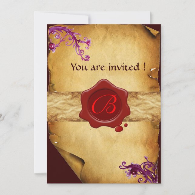 MAGIC SWIRLS PARCHMENT AND RED WAX SEAL MONOGRAM INVITATION (Front)