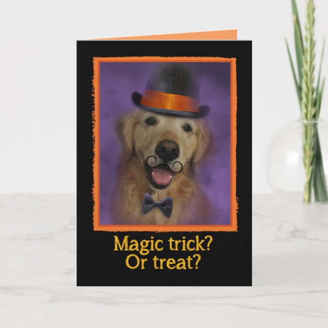 Magic Trick or Treat? Golden Retriever Halloween Card (Front)