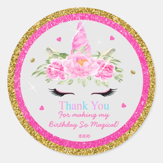 Magic Unicorn Birthday Thank You Favour Classic Round Sticker (Front)