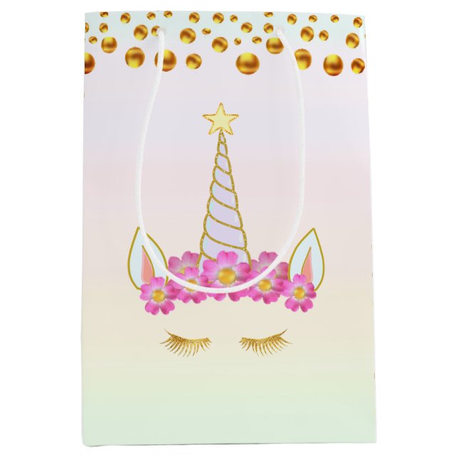 Magic Unicorn Flowers & Gold Confetti Medium Gift  Bag (Front)