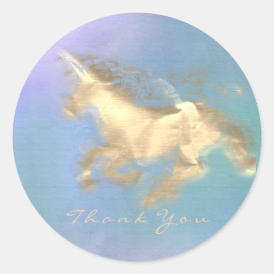 Magic Unicorn Gold Stars Thank You Blue Ombre Classic Round Sticker