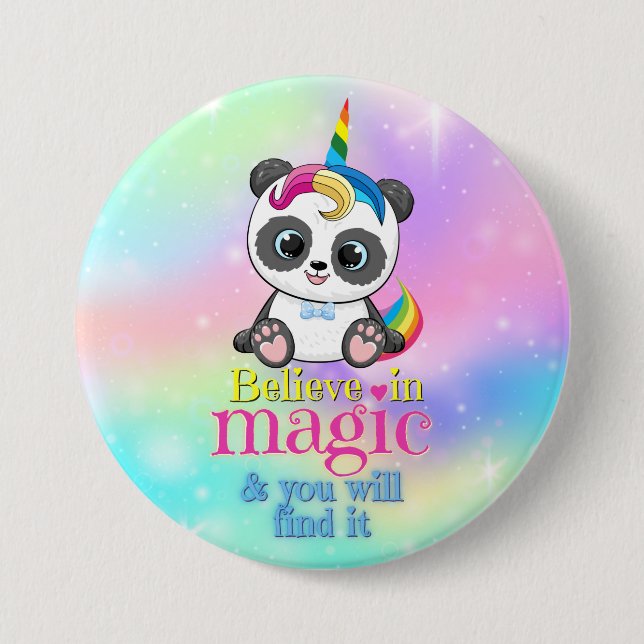 Magic unicorn panda on rainbow background 3 inch round button (Front)
