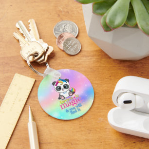 Magic unicorn panda on rainbow background keychain