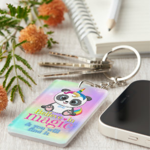 Magic unicorn panda on rainbow background keychain