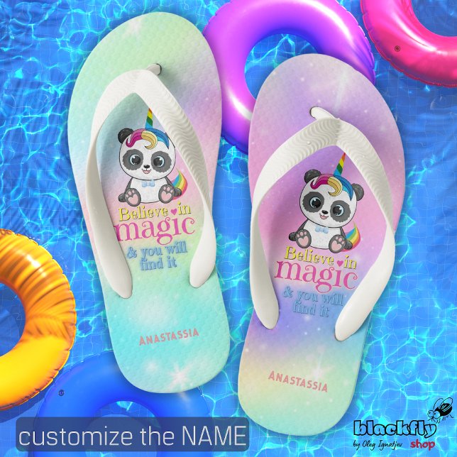 Magic unicorn panda on rainbow background  kid's flip flops (Creator Uploaded)