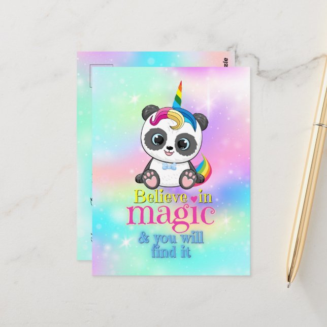 Magic unicorn panda on rainbow background postcard (Front/Back In Situ)