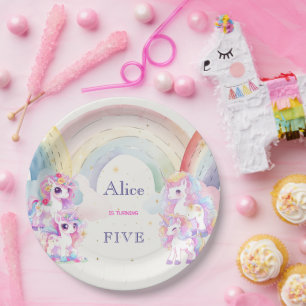 Magic unicorns and rainbows watercolor birthday paper plate