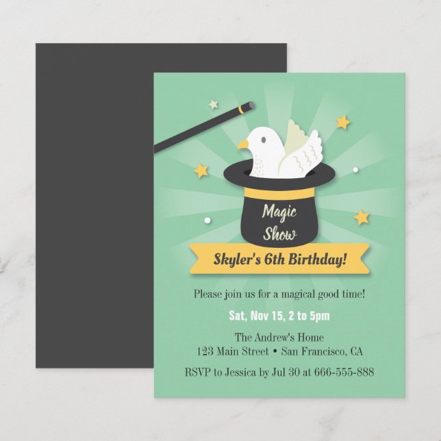 Magic Wand and Dove Magician Kids Birthday Party Invitation (Front/Back)