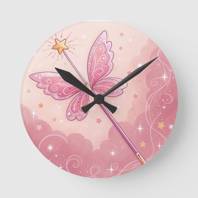 Magic Wand & Fairy Wings Nursery Art – Sparkly Round Clock (Front)
