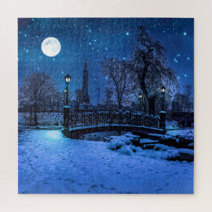 Magic winter night with starry sky and full moon jigsaw puzzle