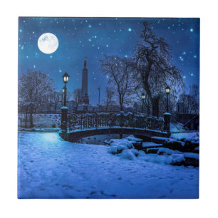 Magic winter night with starry sky and full moon tile