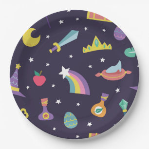 MAGIC WIZARD FAIRY TALE ELEMENTS blue background Paper Plate