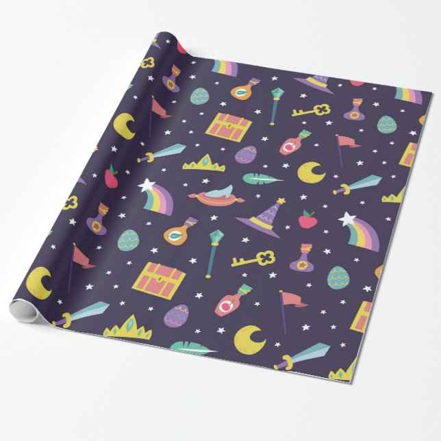 MAGIC WIZARD FAIRY TALE ELEMENTS blue background Wrapping Paper (Unrolled)