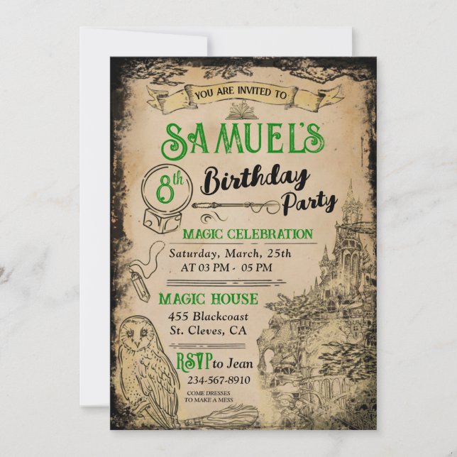 Magic Wizard Green Birthday Party Invitation (Front)