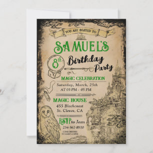 Magic Wizard Green Birthday Party Invitation