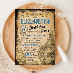Magic Wizard Witch Blue Birthday Party Invitation