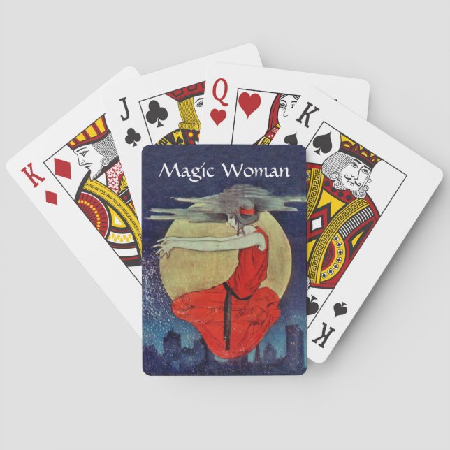 Magic Woman Floating Over city skyline at Night Bi Playing Cards (Back)