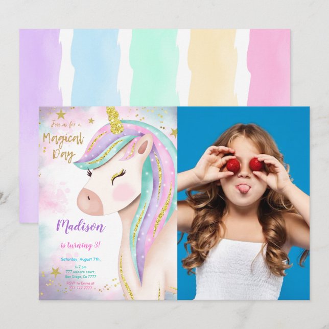 Magical 3rd Unicorn Birthday Photo Invitation (Front/Back)