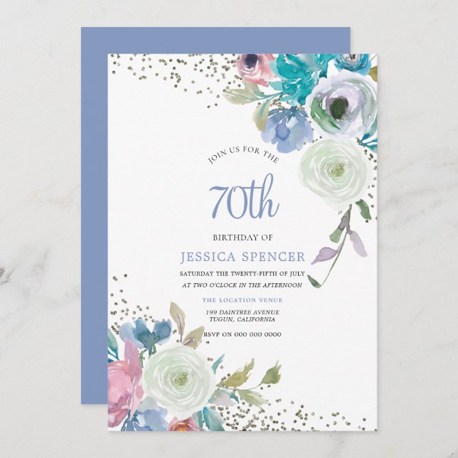 Magical 70th Birthday Party Mint Blue Flowers Invitation (Front/Back)