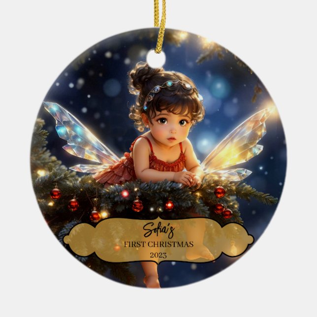 Magical Baby Fairy with Wings in a Christmas Tree Ceramic Ornament (Front)