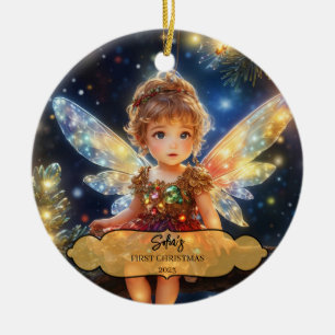Magical Baby Fairy with Wings in a Christmas Tree Ceramic Ornament