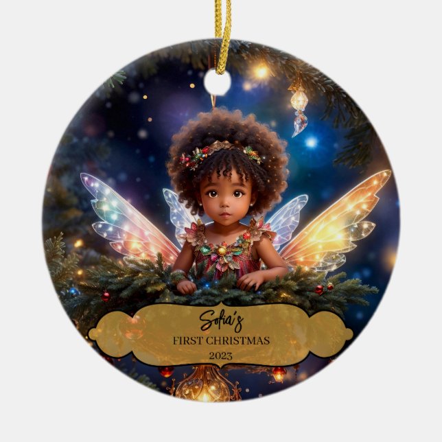 Magical Baby Fairy with Wings in a Christmas Tree Ceramic Ornament (Front)