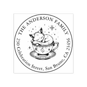 Magical Baby Fox Snoozing in Tea Cup Name Address Rubber Stamp