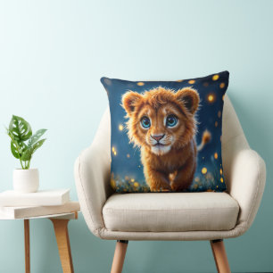 Magical baby lion walking in a fantasy night throw pillow