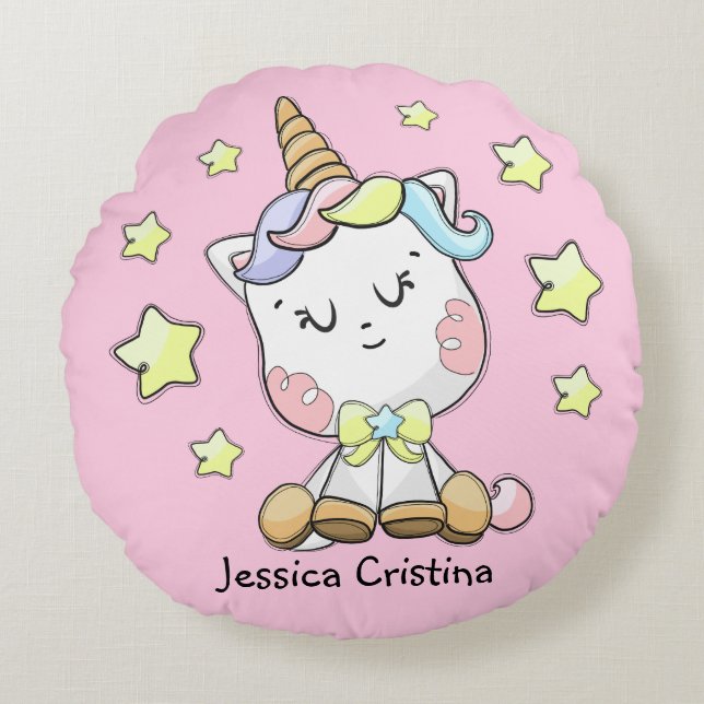 Magical Baby Unicorn Cutie Personalized Nursery Round Pillow (Front)