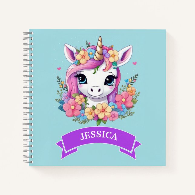 Magical Baby Unicorn with Flowers Notebook (Front)