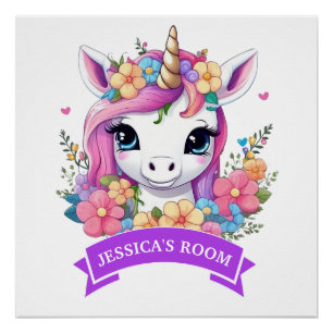 Magical Baby Unicorn with Flowers Poster