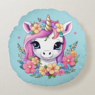 Magical Baby Unicorn with Flowers Round Pillow
