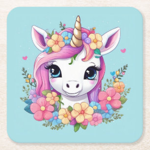 Magical Baby Unicorn with Flowers Square Paper Coaster