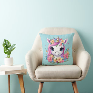 Magical Baby Unicorn with Flowers Throw Pillow