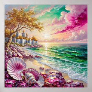 Magical Beachside Castle Sunset Poster