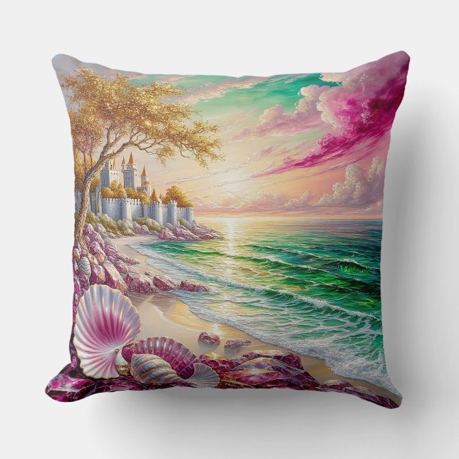Magical Beachside Castle Sunset Throw Pillow (Front)
