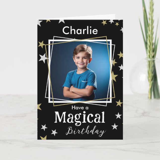 Magical Birthday Stars Photo Name Greeting Card (Front)