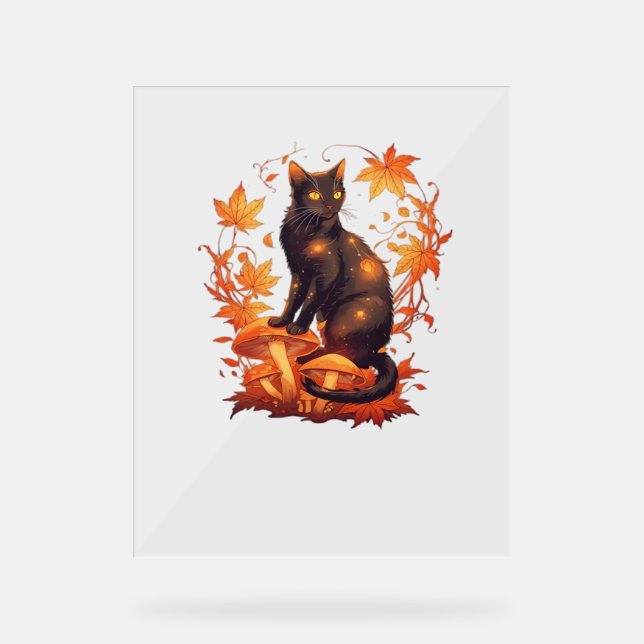 Magical Black Cat in Autumn Forest – Celestial Fal Acrylic Sign (Front)