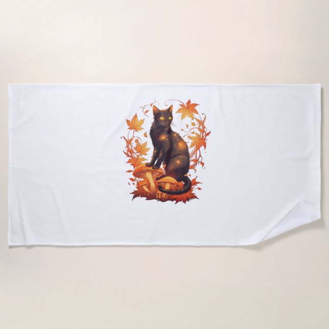 Magical Black Cat in Autumn Forest – Celestial Fal Beach Towel (Front)