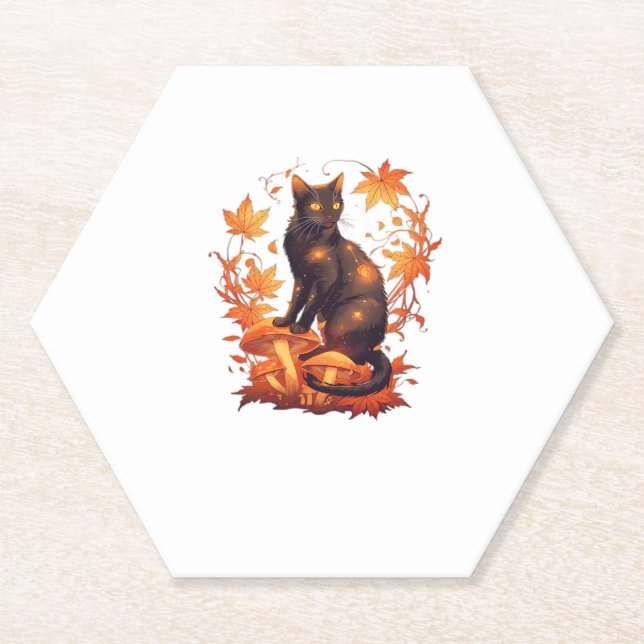 Magical Black Cat in Autumn Forest � Celestial Fal Paper Coaster (Front)
