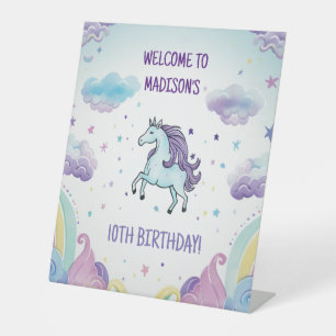Magical Blue and Purple Unicorn Birthday Pedestal Sign