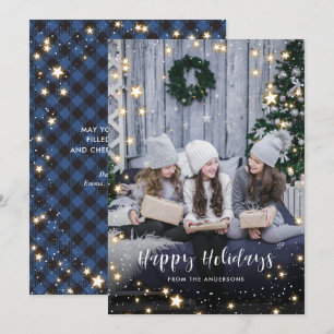 Magical Blue Buffalo Plaid Snow Stars Photo Holiday Card