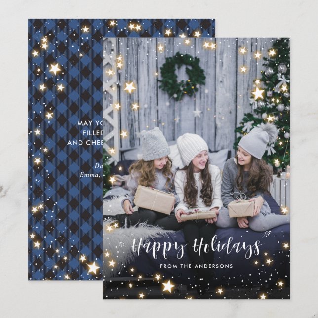 Magical Blue Buffalo Plaid Snow Stars Photo Holiday Card (Front/Back)