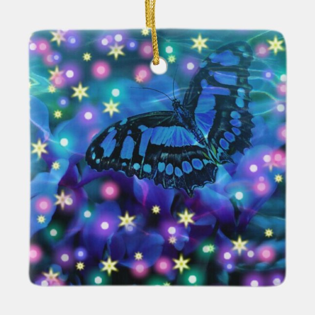 Magical Blue Butterfly Ceramic Ornament (Front)