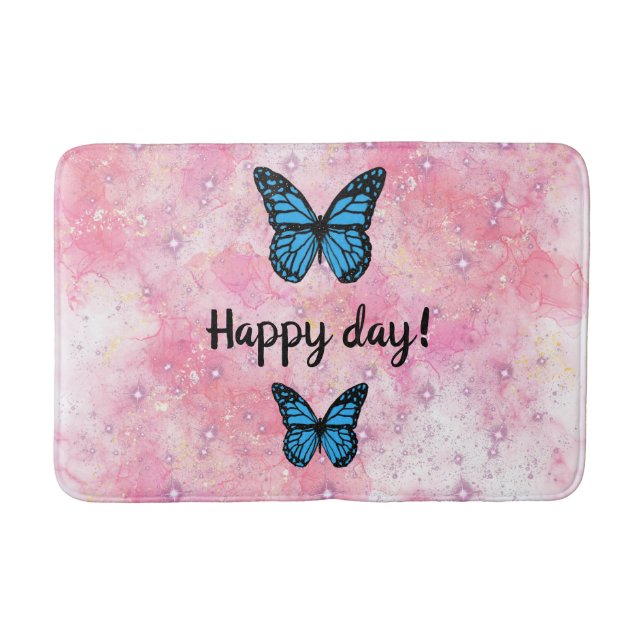 Magical blue butterfly pink glitter art bath mat (Front)