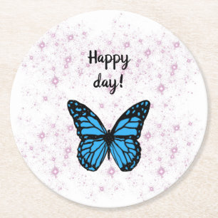 Magical blue butterfly pink glitter art round paper coaster