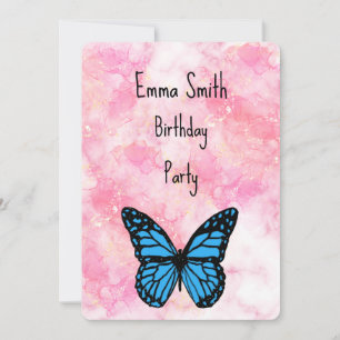 Magical blue butterfly pink glitter art thank you card