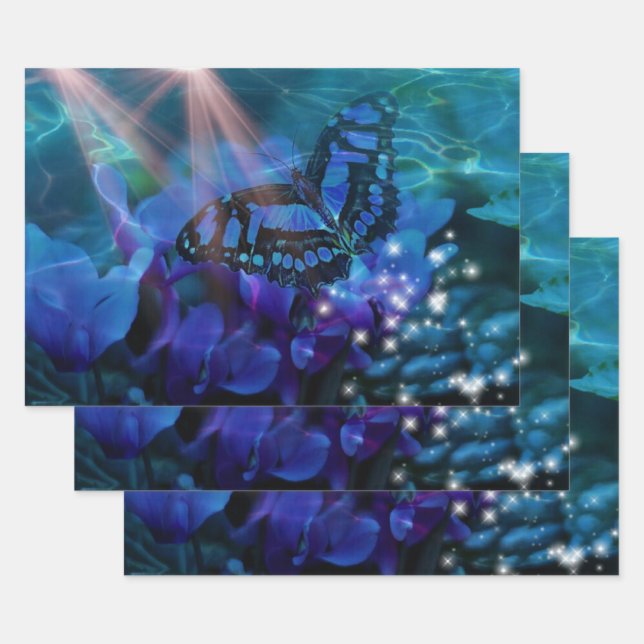 Magical Blue Butterfly Wrapping Paper Sheet (Set)