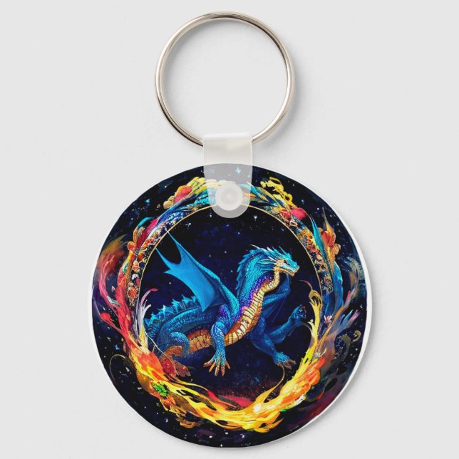 Magical Blue Dragon Surrounded by Mystical Flames Keychain (Front)