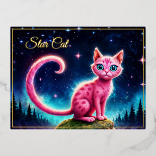 Magical blue-eyed feline under bright stars  foil holiday postcard